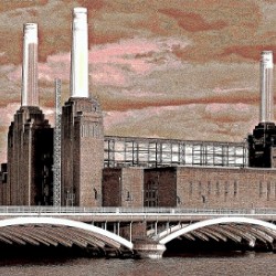 Battersea Power Station & Chelsea Bridge in Burgundy-sky